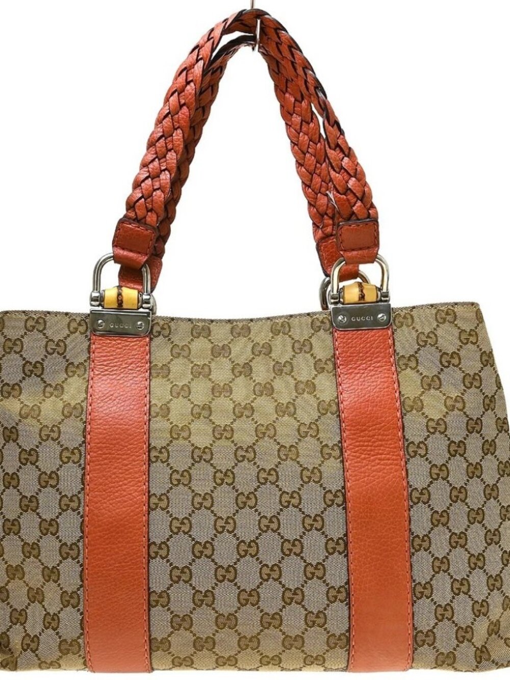 Gucci Brown Beige Bamboo GG Tote Bag